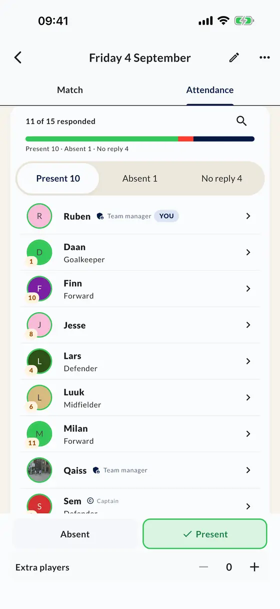The match attendance list in the app