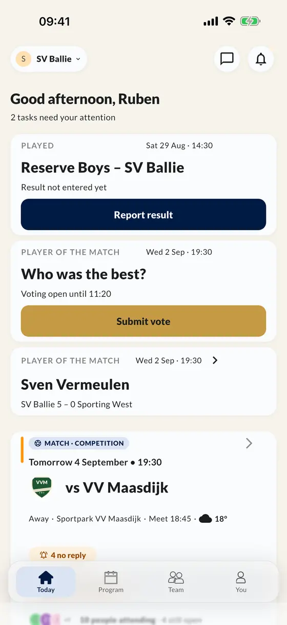 The Today screen in the app: enter a result, vote for player of the match and see the next match